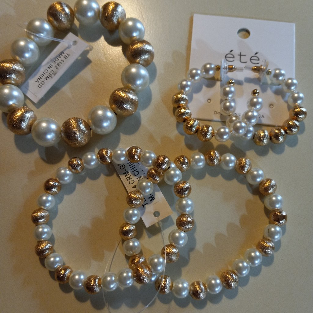 3 Pearl & Gold Bead Bracelets With Coordinating Pearl & Gold Hoop Earrings